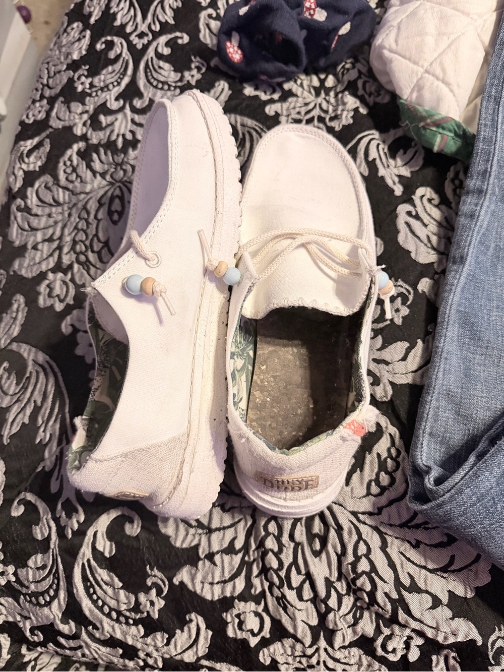 Hey Dude White Canvas Slip-On Sneakers with Pastel Bead Accents